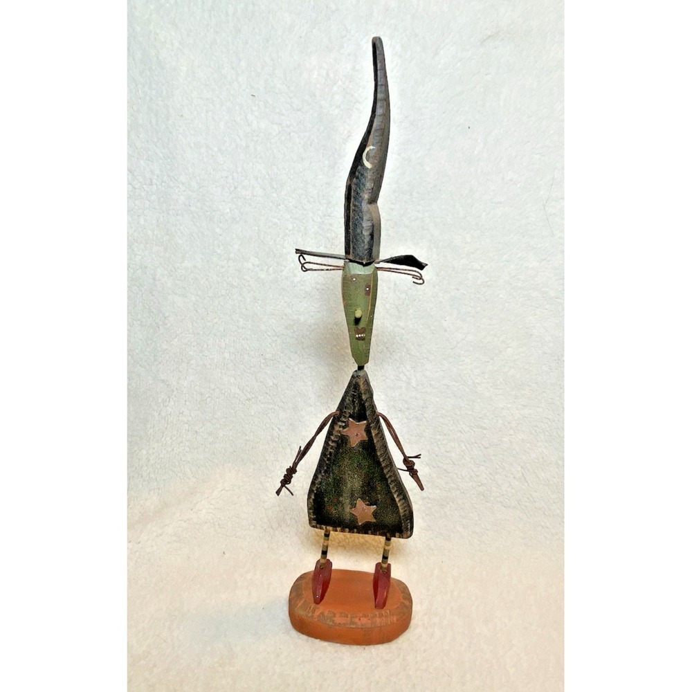 Vintage Halloween Skinny Wood Witch Sculpture Dan DiPaolo Signed Primitive Folk